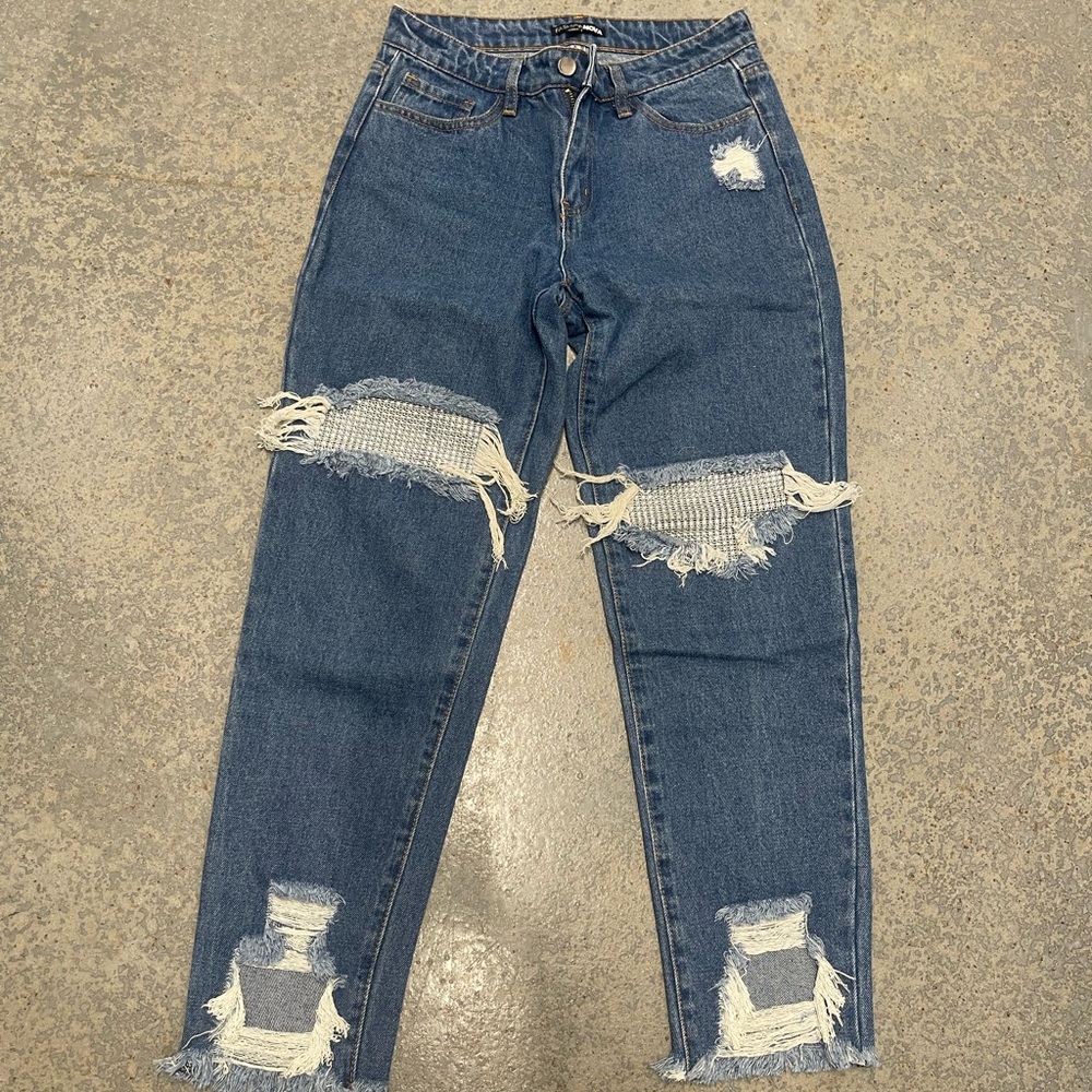 Fashion Nova Blue Distressed Straight Leg Jeans